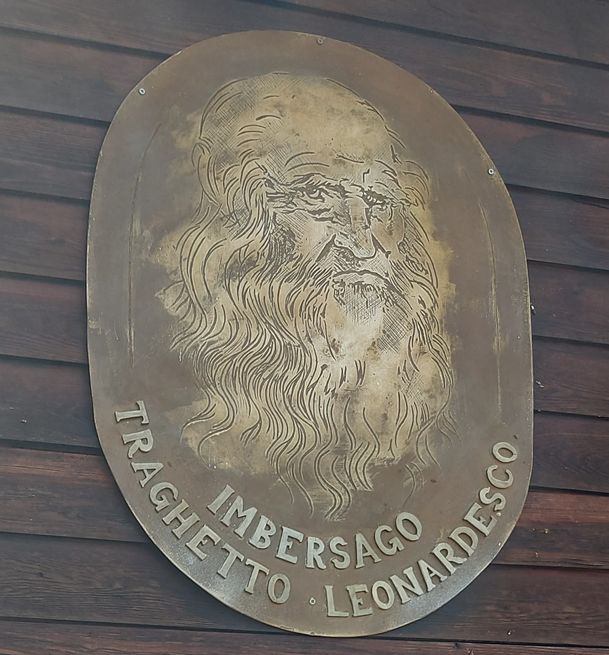 Proloco Imbersago - insegna del traghetto leonardesco al porto di Imbersago